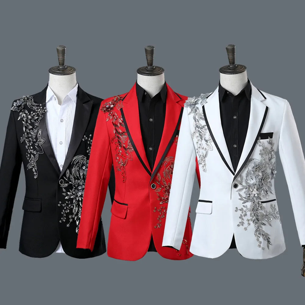 Host Singer Stage Nightclub Bar Performance Dress Set,Three-dimensional Double-sided Flower and Diamond Inlaid Men Suits 2-piece